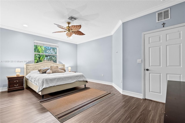 849 SW 11th Ct, Fort Lauderdale, FL 33315 - bedroom featuring crown molding, wood finished floors, baseboards, and a ceiling fan