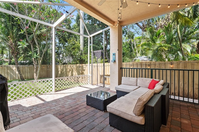 849 SW 11th Ct, Fort Lauderdale, FL 33315 - fenced backyard featuring a ceiling fan, an outdoor living space, and a patio