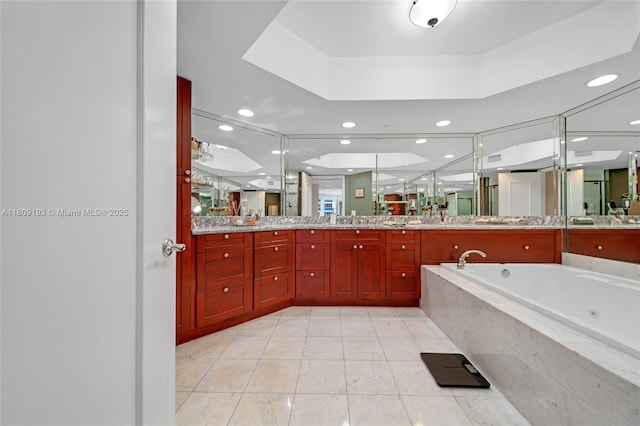 16445 Collins Ave Unit 2226, Sunny Isles Beach, FL 33160 - full bathroom with a whirlpool tub, vanity, recessed lighting, a stall shower, and tile patterned flooring