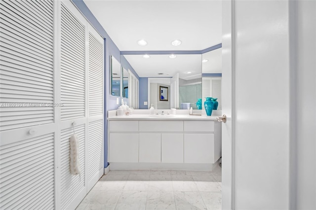 16445 Collins Ave Unit 2226, Sunny Isles Beach, FL 33160 - full bath with a closet, vanity, recessed lighting, and marble finish flooring