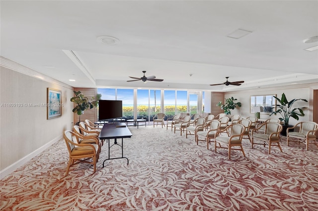 16445 Collins Ave Unit 2226, Sunny Isles Beach, FL 33160 - living room featuring carpet flooring, ceiling fan, and expansive windows