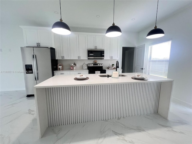 2903 W 64th St, Lehigh Acres, FL 33971 - kitchen with appliances with stainless steel finishes, a sink, light marble finish flooring, and white cabinetry