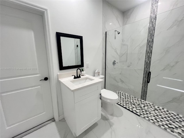2903 W 64th St, Lehigh Acres, FL 33971 - bathroom featuring a marble finish shower, marble look tile flooring, vanity, and toilet