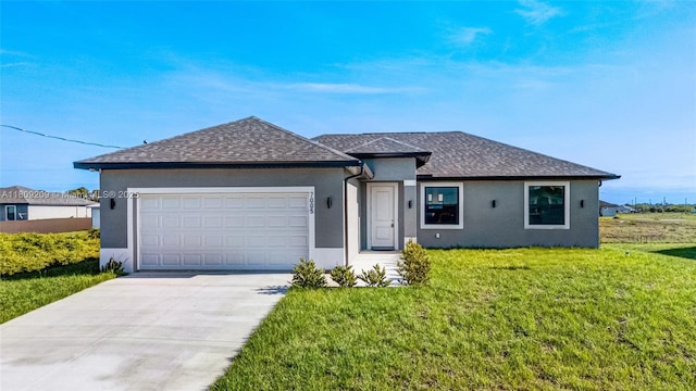 8106 Olive Ct, La Belle, FL 33935 - ranch-style house with stucco siding, a garage, a front lawn, and roof with shingles