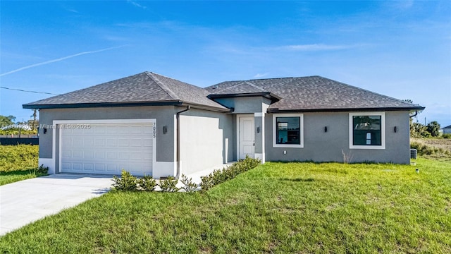 8106 Olive Ct, La Belle, FL 33935 - ranch-style home with stucco siding, an attached garage, driveway, roof with shingles, and a front lawn
