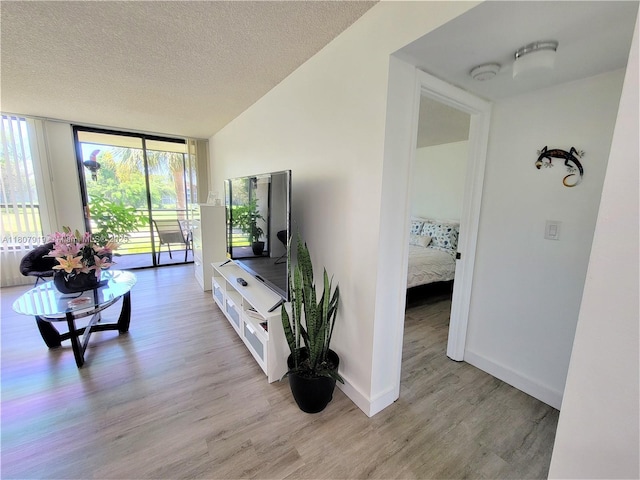 7950 W Mcnab Rd Unit 214, Tamarac, FL 33321 - living room featuring light wood-style flooring, a textured ceiling, baseboards, and floor to ceiling windows