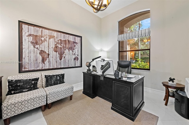 13990 SW 41st St, Davie, FL 33330 - office area with baseboards, a chandelier, and light tile patterned floors