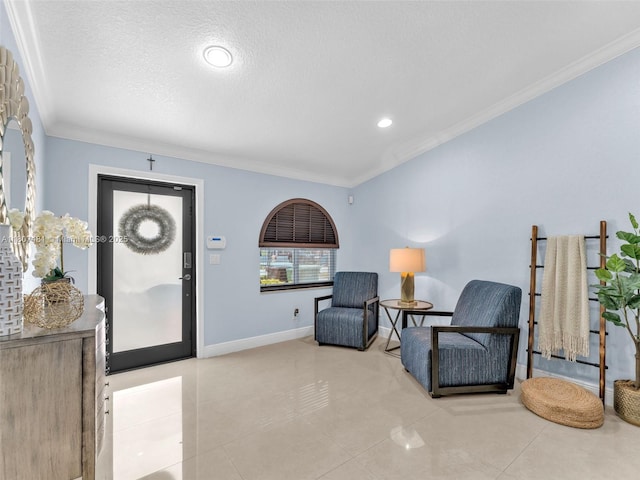 5650 W 21st Ave, Hialeah, FL 33016 - living area featuring ornamental molding, recessed lighting, baseboards, tile patterned floors, and a textured ceiling