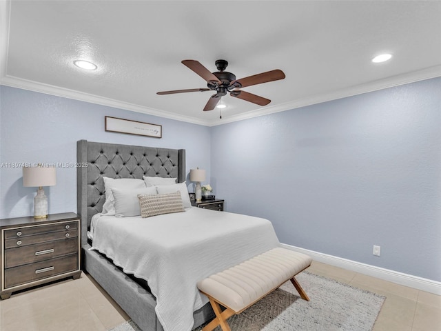 5650 W 21st Ave, Hialeah, FL 33016 - bedroom featuring ornamental molding, light tile patterned flooring, recessed lighting, a ceiling fan, and baseboards