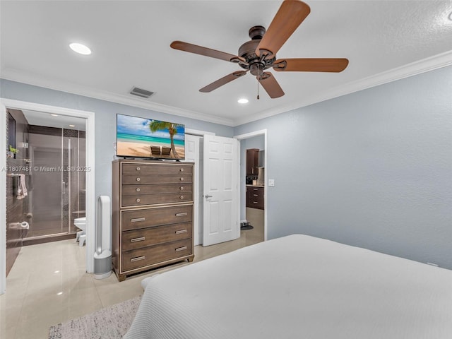 5650 W 21st Ave, Hialeah, FL 33016 - bedroom with ornamental molding, recessed lighting, ceiling fan, light tile patterned floors, and connected bathroom