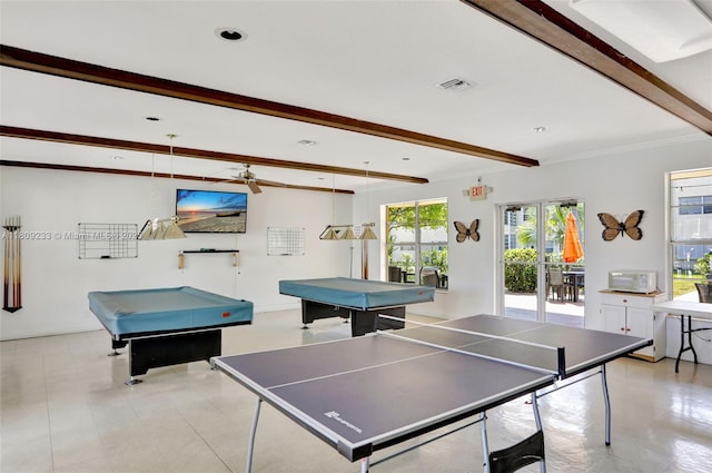 4441 NW 16th St Unit J108, Lauderhill, FL 33313 - rec room featuring billiards, beamed ceiling, plenty of natural light, a ceiling fan, and crown molding