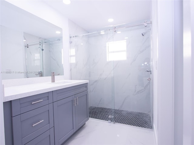 1023 Pilgrim, Lehigh Acres, FL 33974 - full bathroom with a marble finish shower, vanity, marble finish flooring, and recessed lighting