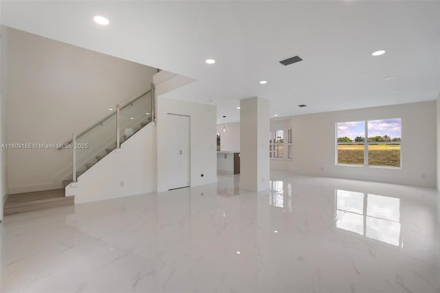 10728 Oak Lake Way, Boca Raton, FL 33498 - unfurnished living room with recessed lighting, stairway, and light marble finish flooring