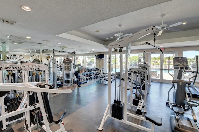19401 Preserve Dr, Boca Raton, FL 33498 - workout area featuring a ceiling fan, french doors, a textured ceiling, and recessed lighting