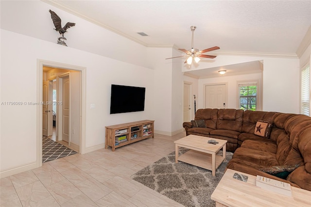 4815 Jefferson Rd, Delray Beach, FL 33445 - living area featuring ornamental molding, a ceiling fan, baseboards, and vaulted ceiling