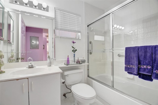 7713 Springwater Pl, Boynton Beach, FL 33437 - bathroom with combined bath / shower with glass door, electric panel, toilet, vanity, and tile patterned floors