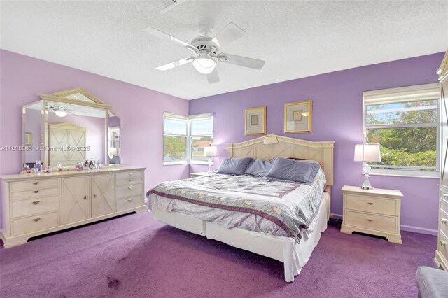 7713 Springwater Pl, Boynton Beach, FL 33437 - carpeted bedroom featuring multiple windows, a textured ceiling, a ceiling fan, and baseboards