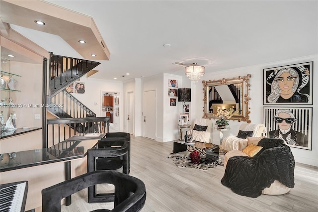 21388 Marina Cove Cir Unit 13-G, Aventura, FL 33180 - living area featuring stairs, wood finished floors, ornamental molding, recessed lighting, and baseboards