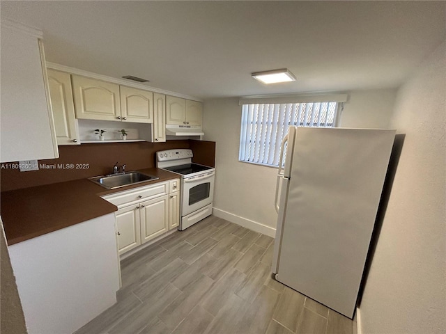 17 NE 2nd Ave Unit 108, Dania Beach, FL 33004 - kitchen with white appliances, under cabinet range hood, a sink, dark countertops, and light wood-style flooring