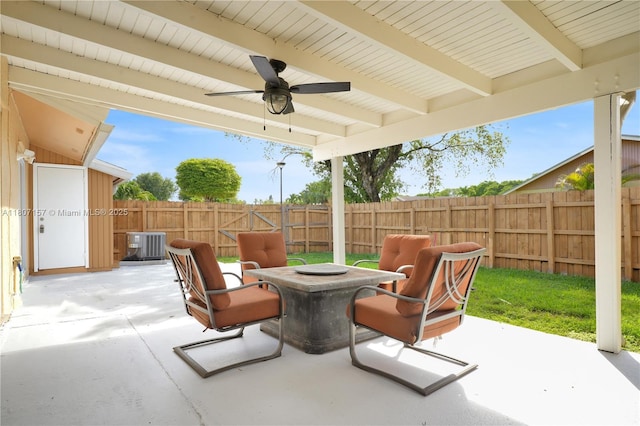 6933 SW 152nd Ct, Miami, FL 33193 - fenced backyard with a ceiling fan, cooling unit, and a patio