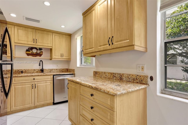 481 Durham Q Unit 481, Deerfield Beach, FL 33442 - kitchen featuring stainless steel dishwasher, light brown cabinetry, plenty of natural light, light stone counters, and recessed lighting