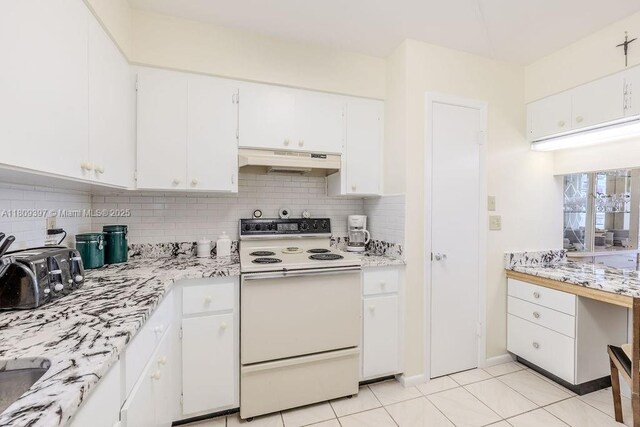 2333 Indian River Blvd Unit 306, Vero Beach, FL 32960 - kitchen featuring white electric stove, under cabinet range hood, backsplash, and white cabinetry