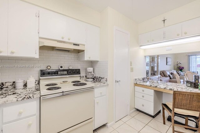 2333 Indian River Blvd Unit 306, Vero Beach, FL 32960 - kitchen featuring electric range, under cabinet range hood, light countertops, and backsplash