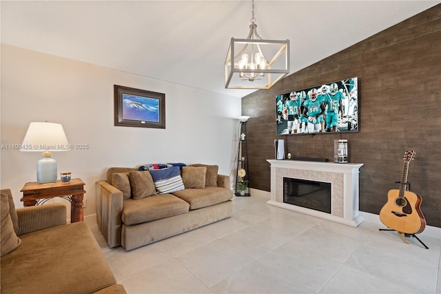 14912 SW 139th Ave, Miami, FL 33186 - tiled living room with a chandelier, a fireplace, and lofted ceiling