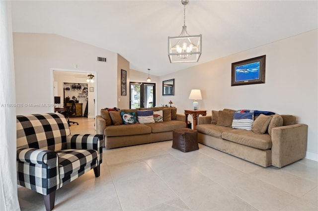 14912 SW 139th Ave, Miami, FL 33186 - living area with lofted ceiling, a chandelier, and light tile patterned flooring