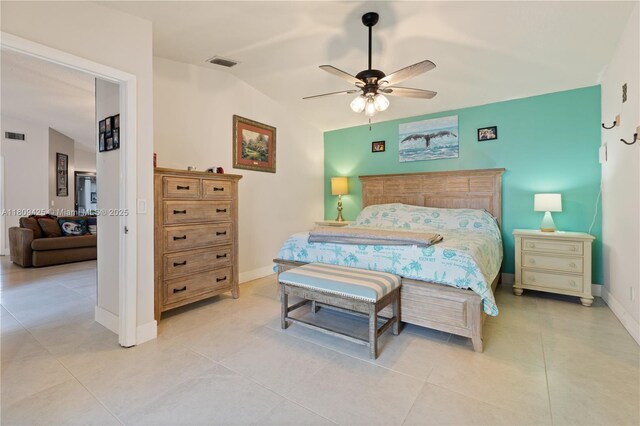 14912 SW 139th Ave, Miami, FL 33186 - bedroom featuring lofted ceiling, baseboards, light tile patterned floors, and a ceiling fan