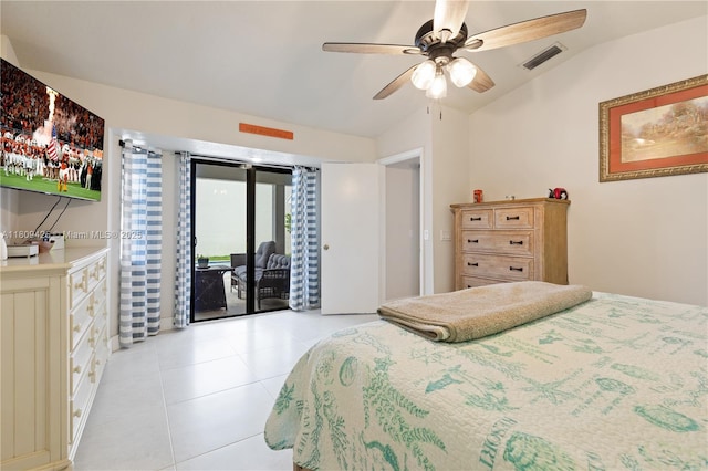 14912 SW 139th Ave, Miami, FL 33186 - bedroom featuring vaulted ceiling, access to exterior, light tile patterned floors, and ceiling fan