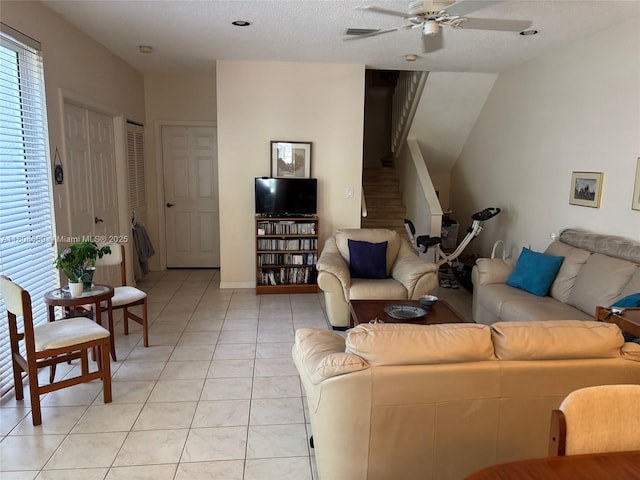 1270 Weeping Willow Way, Hollywood, FL 33019 - living area with stairs, ceiling fan, and light tile patterned flooring