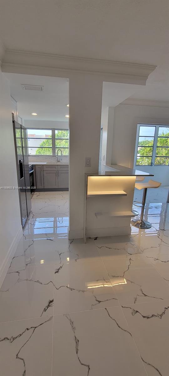 2301 NW 41st Ave Unit 209, Lauderhill, FL 33313 - hallway with crown molding, light marble finish floors, baseboards, and a sink