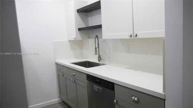 1930 NW 55th St, Miami, FL 33142 - kitchen with open shelves, dishwasher, a sink, light countertops, and gray cabinets