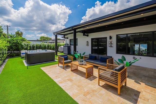 9241 SW 55th St, Cooper City, FL 33328 - view of patio featuring a hot tub, an outdoor living space, and cooling unit