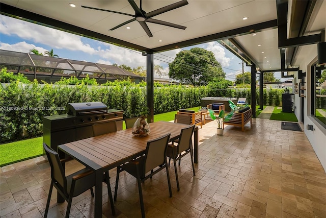 9241 SW 55th St, Cooper City, FL 33328 - fenced backyard featuring a ceiling fan, a patio, outdoor dining space, and an outdoor hangout area