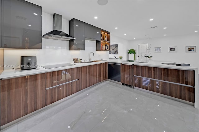 9241 SW 55th St, Cooper City, FL 33328 - kitchen with modern cabinets, wall chimney exhaust hood, black appliances, light marble finish floors, and a sink