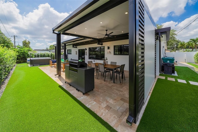 9241 SW 55th St, Cooper City, FL 33328 - view of patio featuring a hot tub, ceiling fan, outdoor dining area, and area for grilling