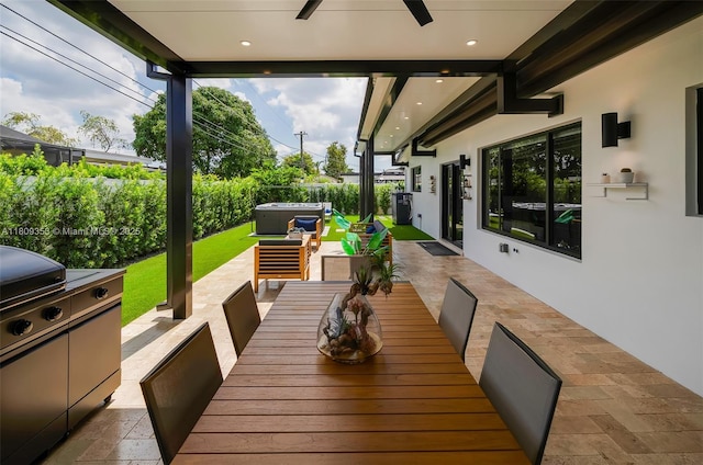 9241 SW 55th St, Cooper City, FL 33328 - fenced backyard featuring an outdoor living space, ceiling fan, a patio, and an outdoor kitchen