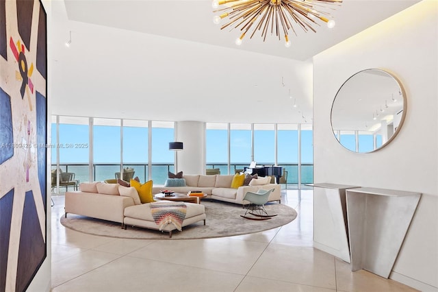 9703 Collins Ave Unit 1700, Bal Harbour, FL 33154 - living room with a chandelier, floor to ceiling windows, and light tile patterned floors