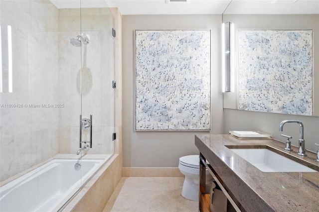9703 Collins Ave Unit 1700, Bal Harbour, FL 33154 - full bathroom featuring vanity, toilet, tiled shower / bath combo, baseboards, and tile patterned floors