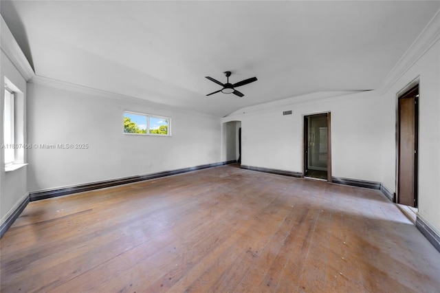 5757 Alton Rd, Miami Beach, FL 33140 - unfurnished room featuring ceiling fan, crown molding, wood-type flooring, baseboards, and lofted ceiling