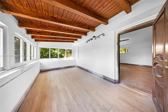 5757 Alton Rd, Miami Beach, FL 33140 - spare room featuring wood ceiling with exposed beams, light wood-type flooring, and baseboards