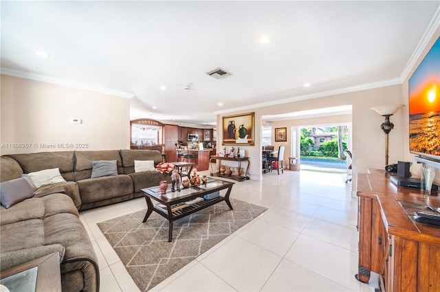 45 NW 188th St, Miami Gardens, FL 33169 - living area featuring crown molding, light tile patterned floors, and recessed lighting