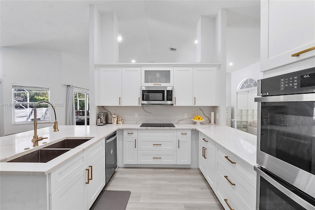 4647 NW 98th Ln, Coral Springs, FL 33076 - kitchen featuring stainless steel appliances, a peninsula, white cabinets, decorative backsplash, and high vaulted ceiling