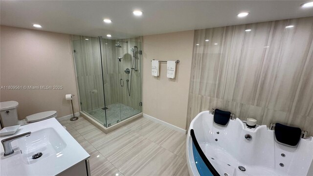 1865 S Ocean Dr Unit 19N, Hallandale Beach, FL 33009 - bathroom featuring a shower stall, a jetted tub, baseboards, recessed lighting, and toilet