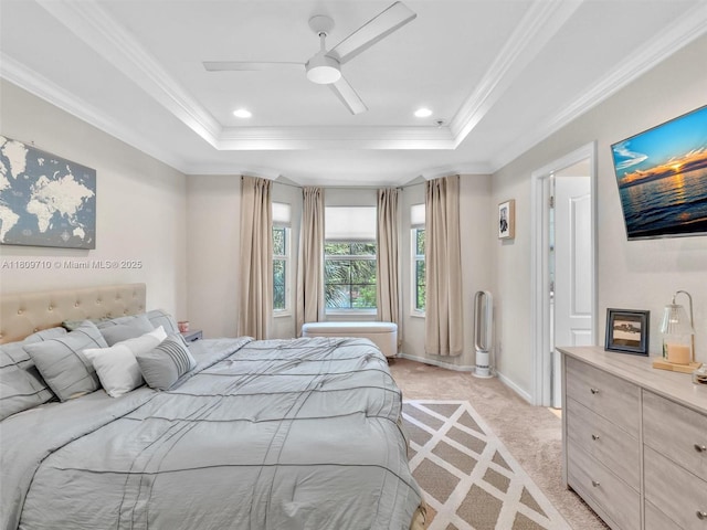5907 Monterra Club Dr, Lake Worth, FL 33463 - bedroom with a tray ceiling, light carpet, ornamental molding, baseboards, and a ceiling fan