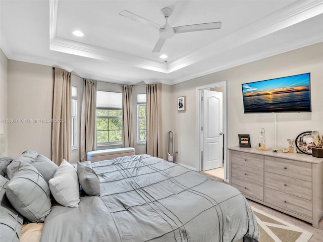 5907 Monterra Club Dr, Lake Worth, FL 33463 - bedroom with crown molding, a raised ceiling, a ceiling fan, recessed lighting, and light carpet