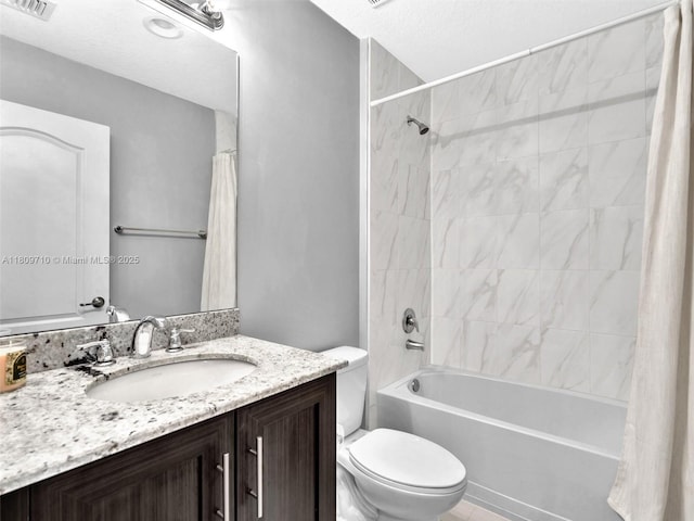 5907 Monterra Club Dr, Lake Worth, FL 33463 - full bath with toilet, vanity, shower / bathtub combination with curtain, a textured ceiling, and tile patterned floors