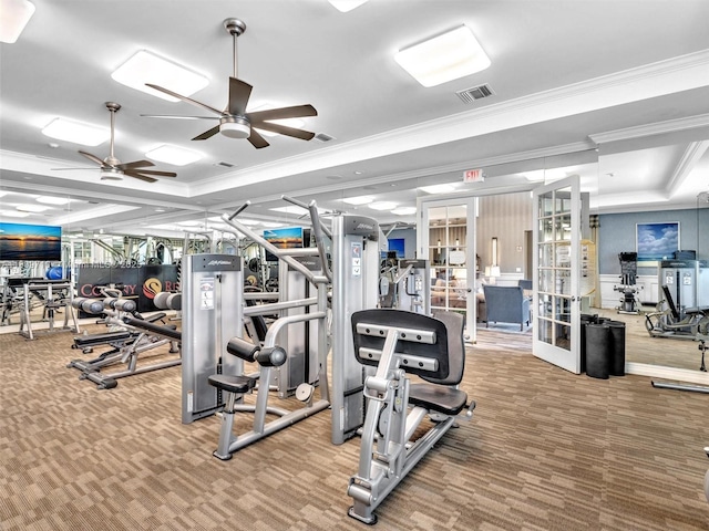 5907 Monterra Club Dr, Lake Worth, FL 33463 - exercise room featuring carpet flooring, ornamental molding, ceiling fan, and french doors